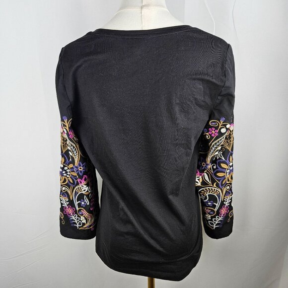 Chico's Black Embroidered Long Sleeve Top Knit Woven Size Small Boho Feminine - Picture 5 of 9